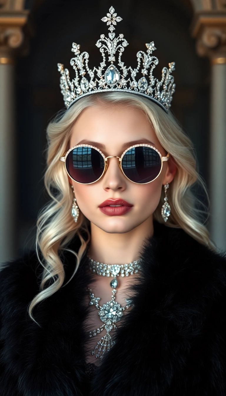 HD iPhone AI Young Platinum Blonde Queen in Black Fur Photogenic Wallpaper